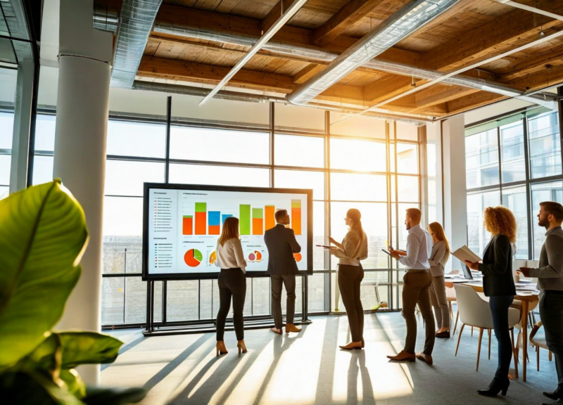 Sales team reviewing analytics on a wall-mounted screen